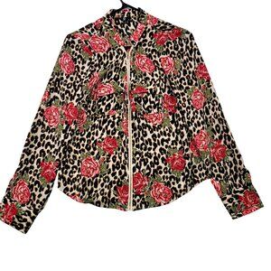 G By Guess Womens Leopard Floral Print Zip-Up Screw Buttons Cuff Blouse Small